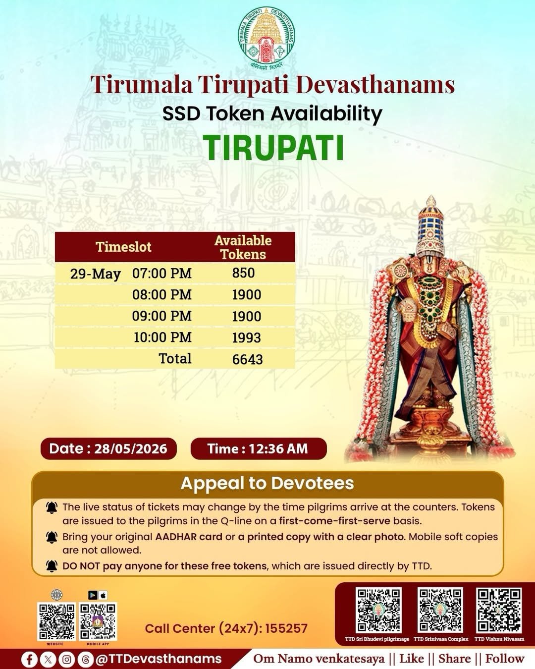 2026-05-28 00:39:57 SSD token distribution began at 12:05 AM at #bhudevicomplex, #vishnunivasam and … 2026-05-28 00:39:57 SSD token distribution began at 12:05 AM at #bhudevicomplex, #vishnunivasam and …
