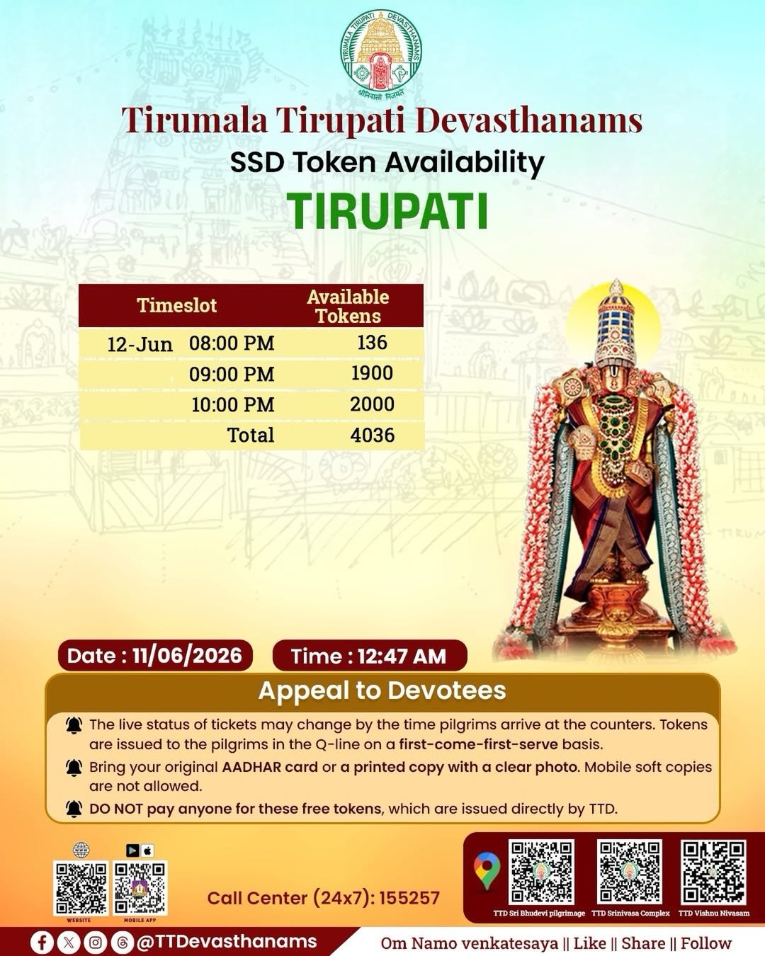 2026-06-11 00:51:50 SSD token distribution began at 12:05 AM at #bhudevicomplex, #vishnunivasam and … 2026-06-11 00:51:50 SSD token distribution began at 12:05 AM at #bhudevicomplex, #vishnunivasam and …