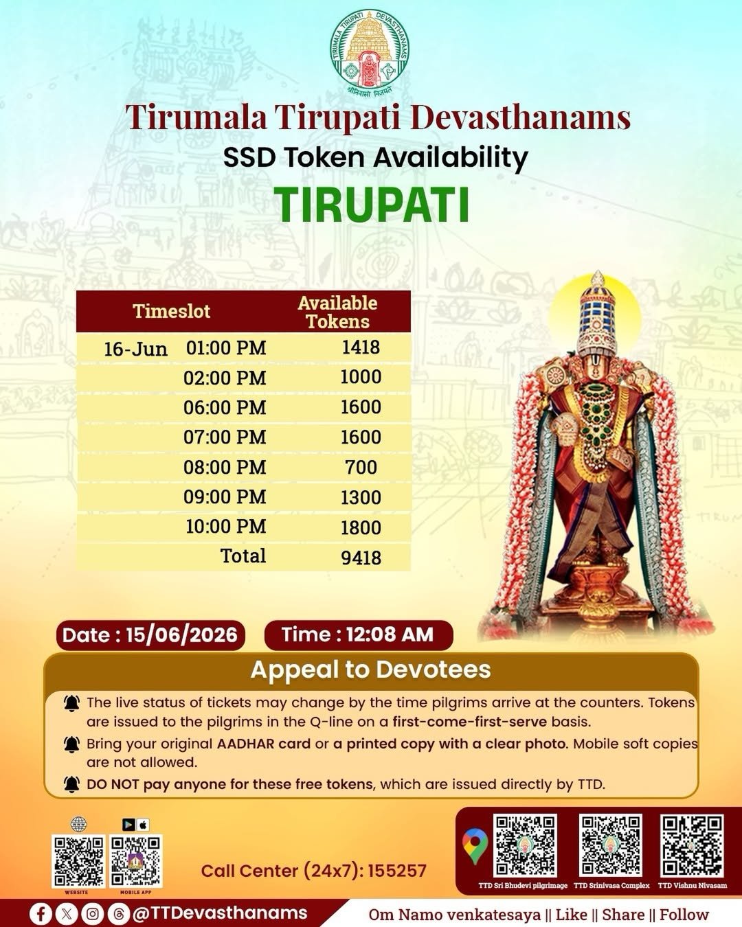 2026-06-15 00:15:41 SSD token distribution began at 12:05 AM at #bhudevicomplex, #vishnunivasam and … 2026-06-15 00:15:41 SSD token distribution began at 12:05 AM at #bhudevicomplex, #vishnunivasam and …